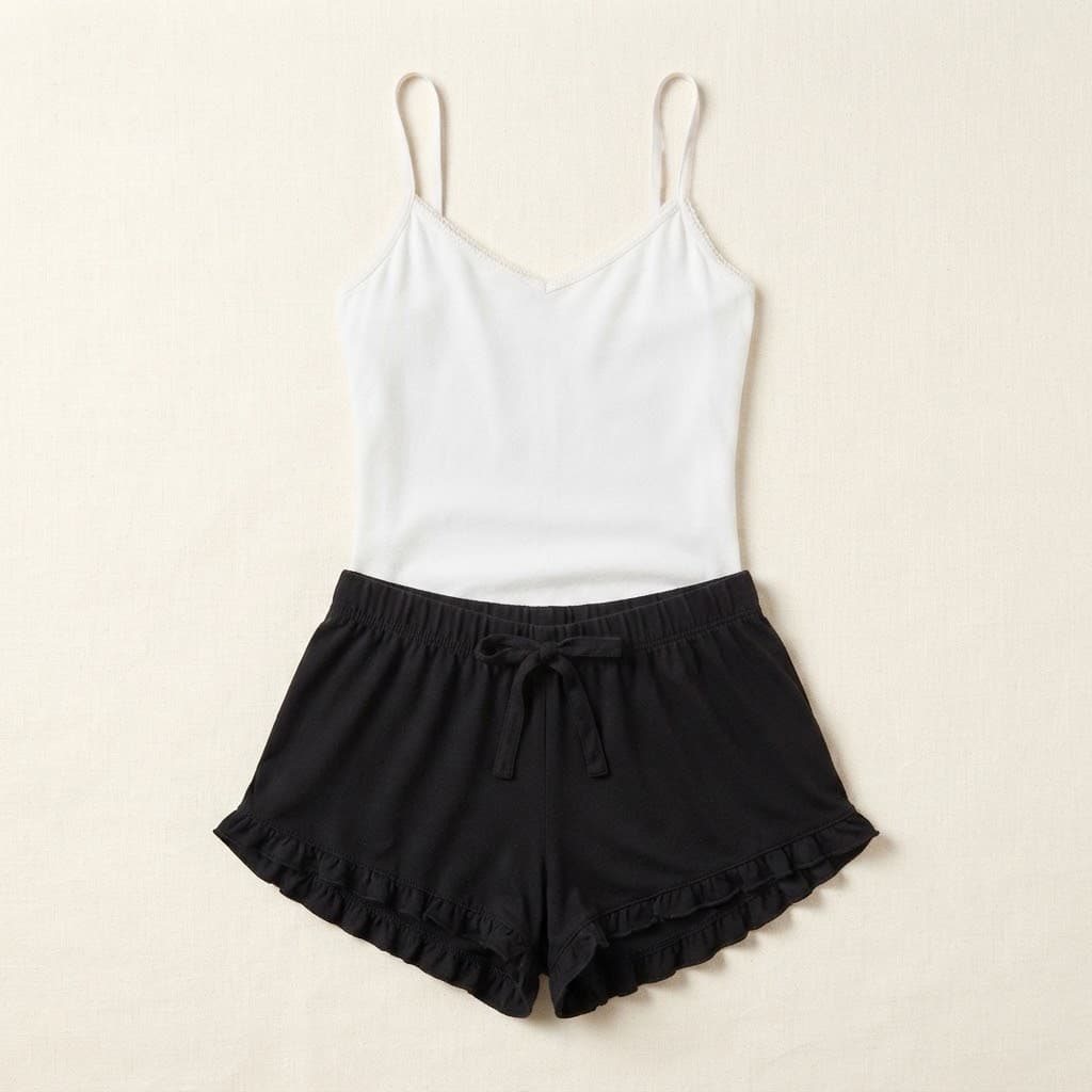 White Cami & Black Ruffle Hem Pajama Shorts Set