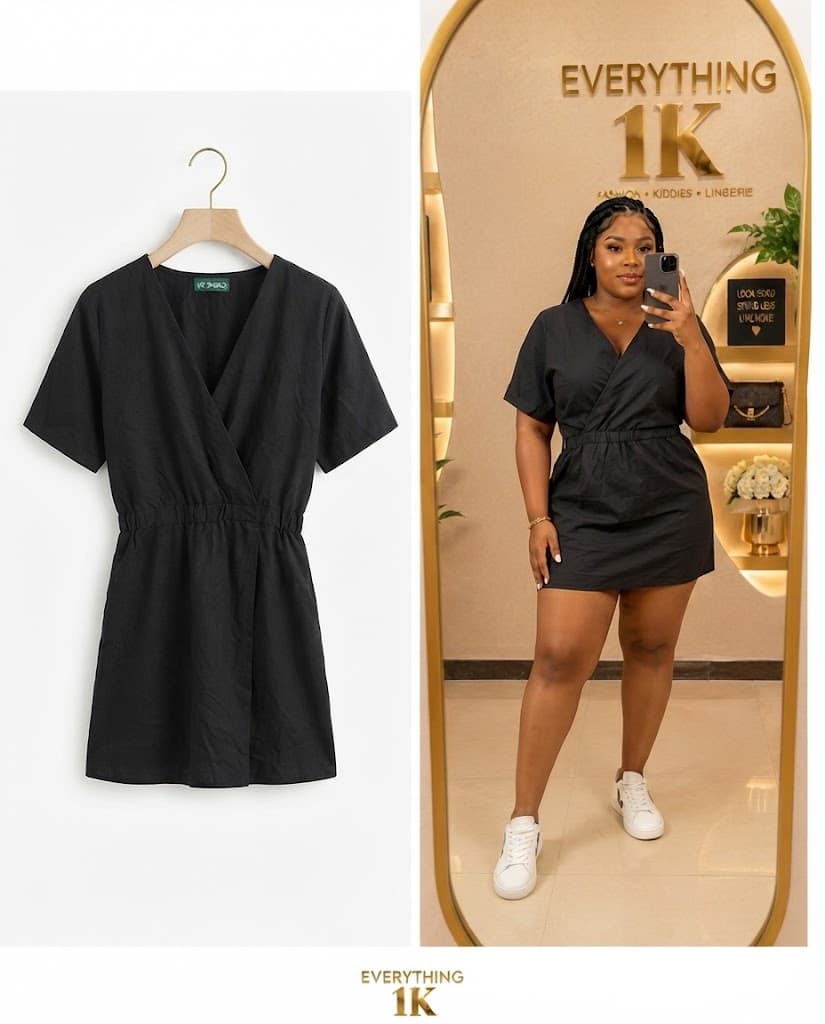Black Short-Sleeve Wrap Mini Dress with Elastic Waist
