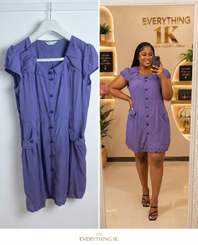 Purple Button-Front Mini Dress with Flapped Pockets