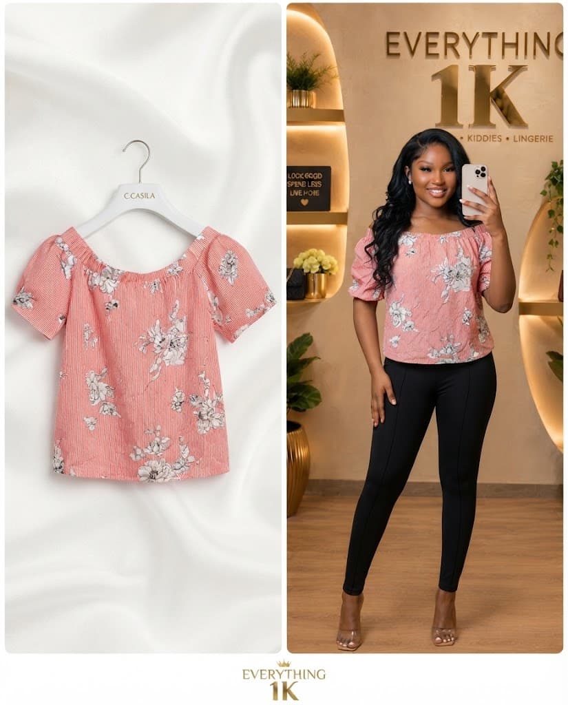 Casual Pink and White Floral Striped Off-the-Shoulder Top