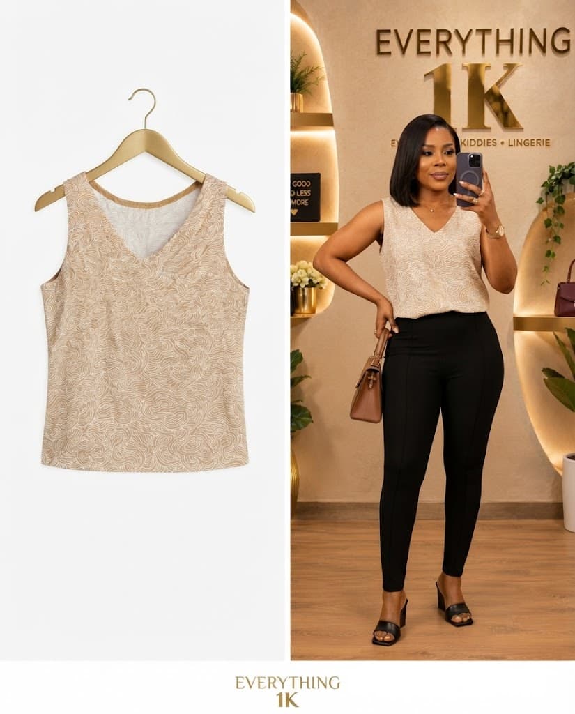 Casual Beige Swirl Pattern V-Neck Tank Top