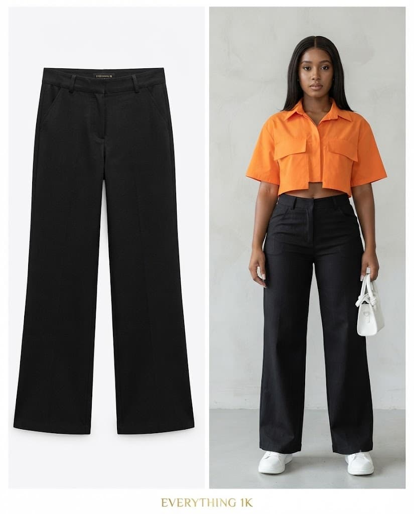 Ladies Black High-Waist Wide-Leg Trousers