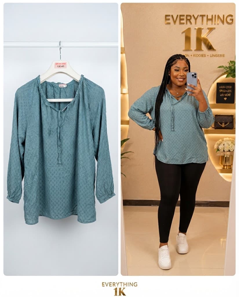 Casual Dusty Blue Textured Tie-Neck Tunic Top