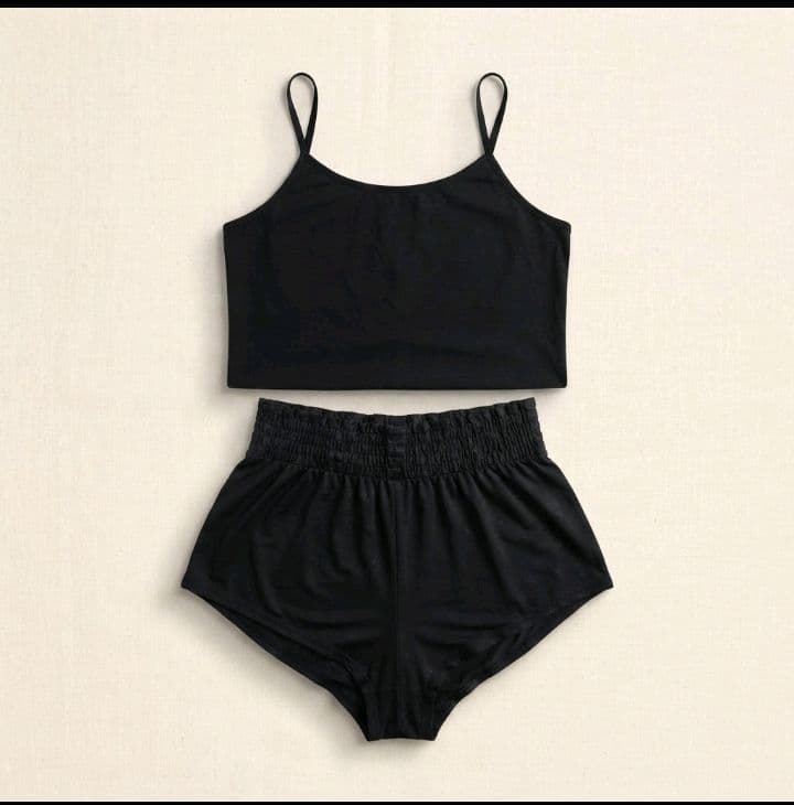 Black Textured Cami and High-Waisted Bottoms Set