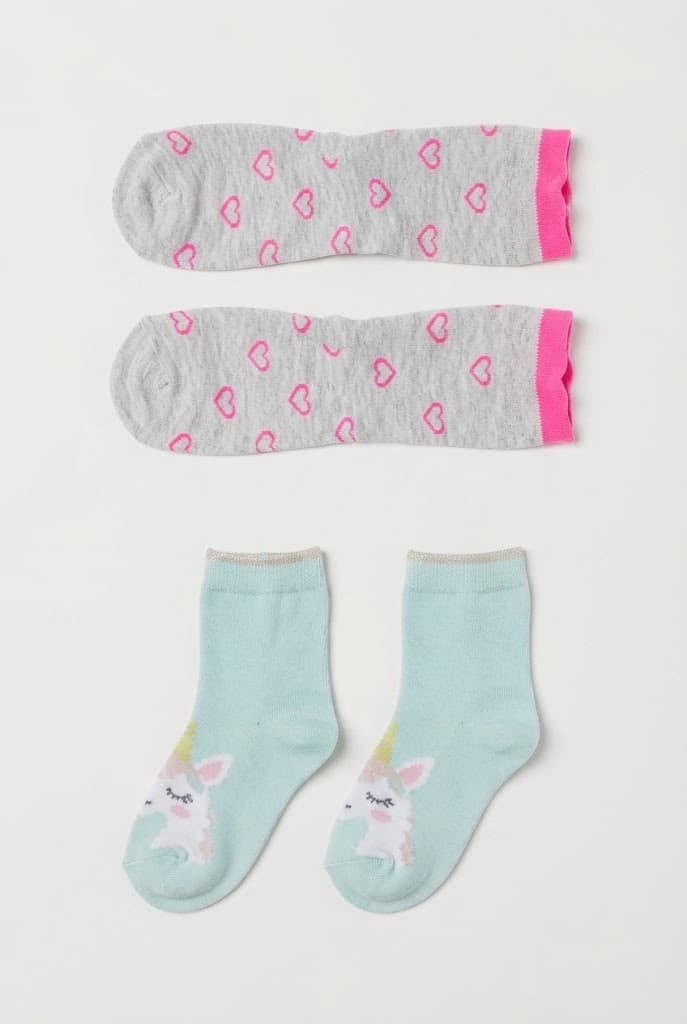 Grey Heart-Print and Mint Unicorn Crew Socks (2-Pack)