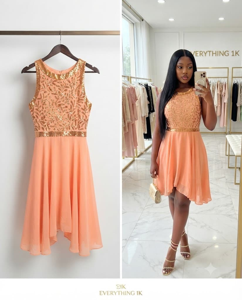 Beaded Peach Chiffon Cocktail bodice Dress