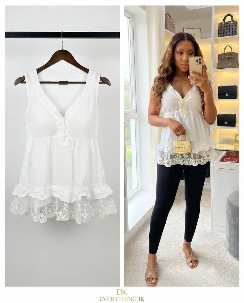Button-Front Peplum Blouse with Lace Hem