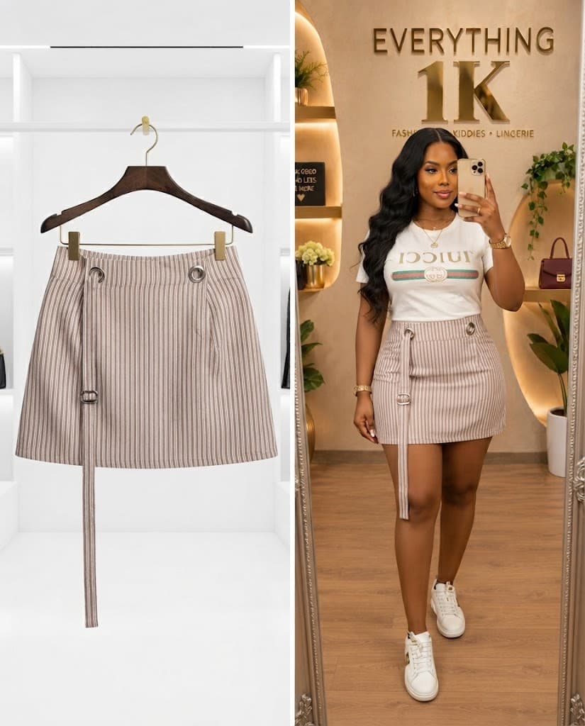 Beige Striped D-Ring Belted Mini Skirt