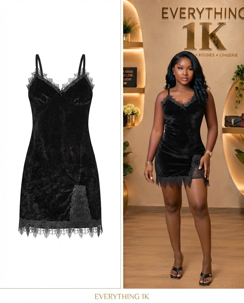 Black Velvet Lace-Trim Mini Slip lingerie Dress