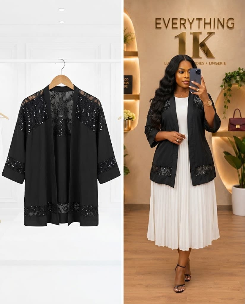Sequin & Lace Accented Open-Front Cardigan