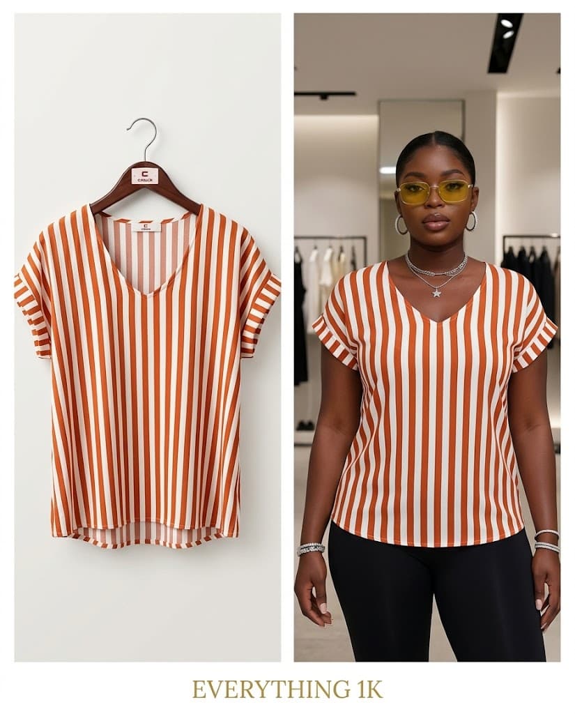 Casual Orange and White Striped V-Neck T-Shirt