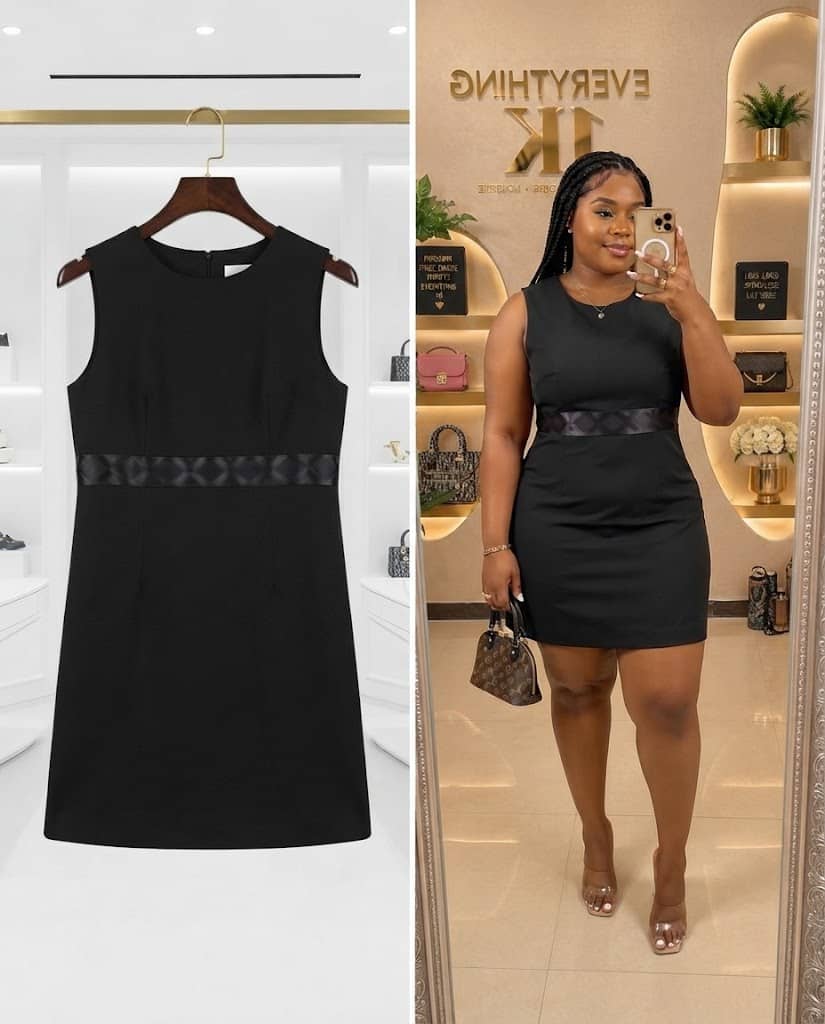 Black Sleeveless Mini Dress with Patterned Waistband