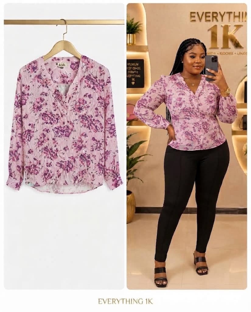 Casual Purple Printed Long-Sleeve V-Neck Blouse