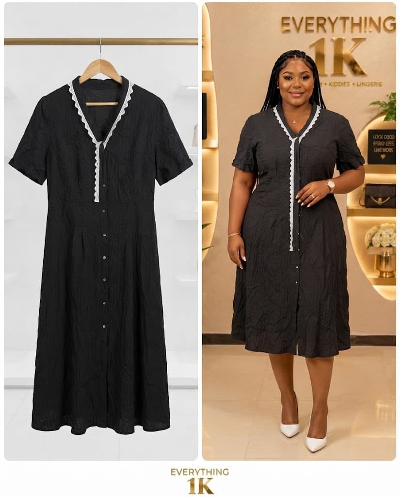 Black Lace-Trim Button-Front Midi corporate Dress