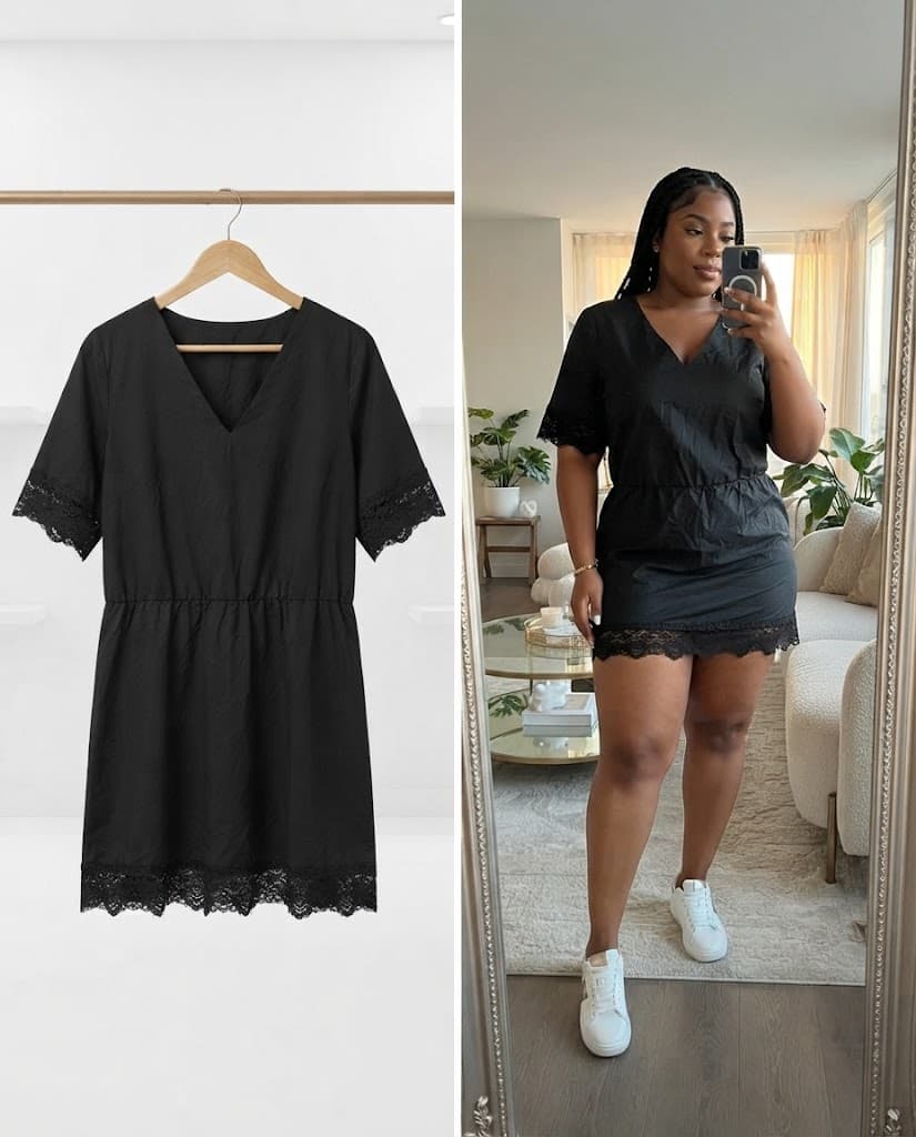 Black Short-Sleeve Dress with Lace Trim