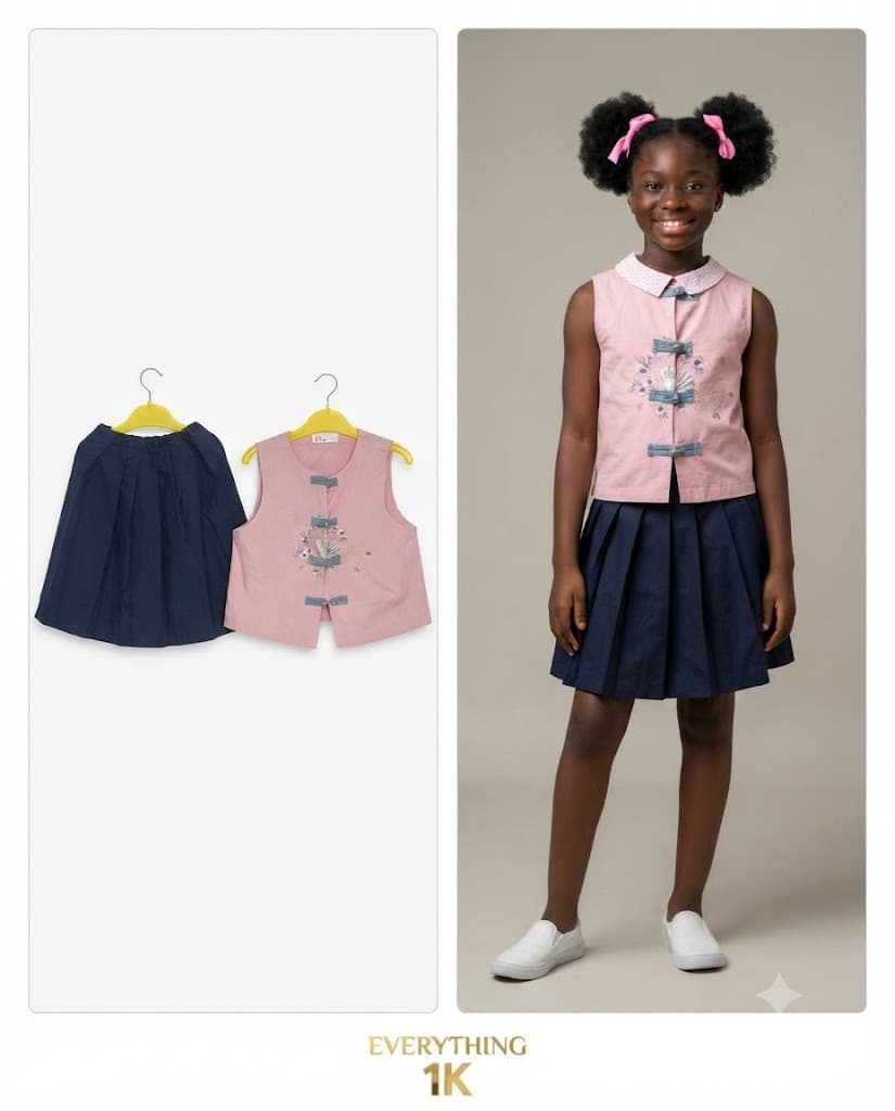 Girls Pink Traditional-Style Two piece Vest & Navy Pleated Skirt Set (Ages: 8–11 Years)