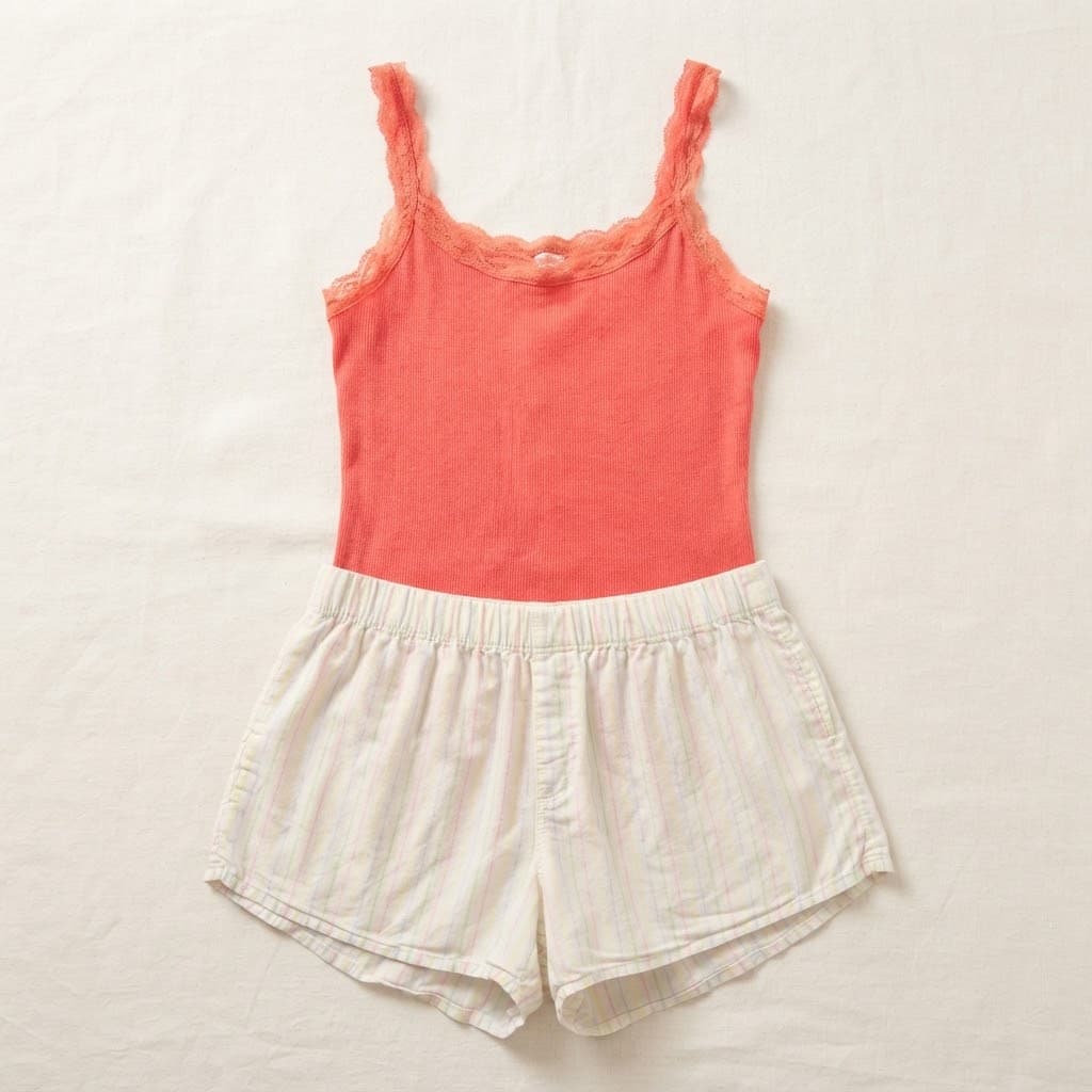 Coral Ribbed Cami & Striped Short Pajamas Set