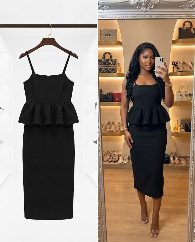 Black Square-Neck Peplum Midi Dress
