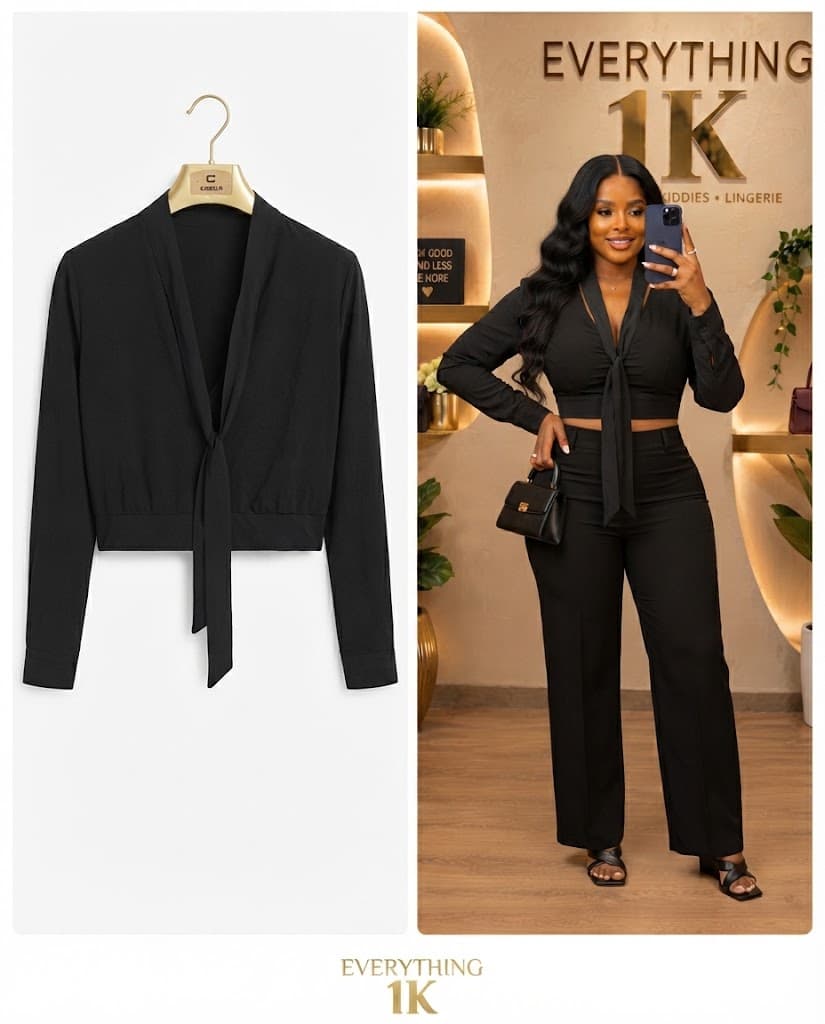 Casual Black Long-Sleeve Tie-Front Crop Top