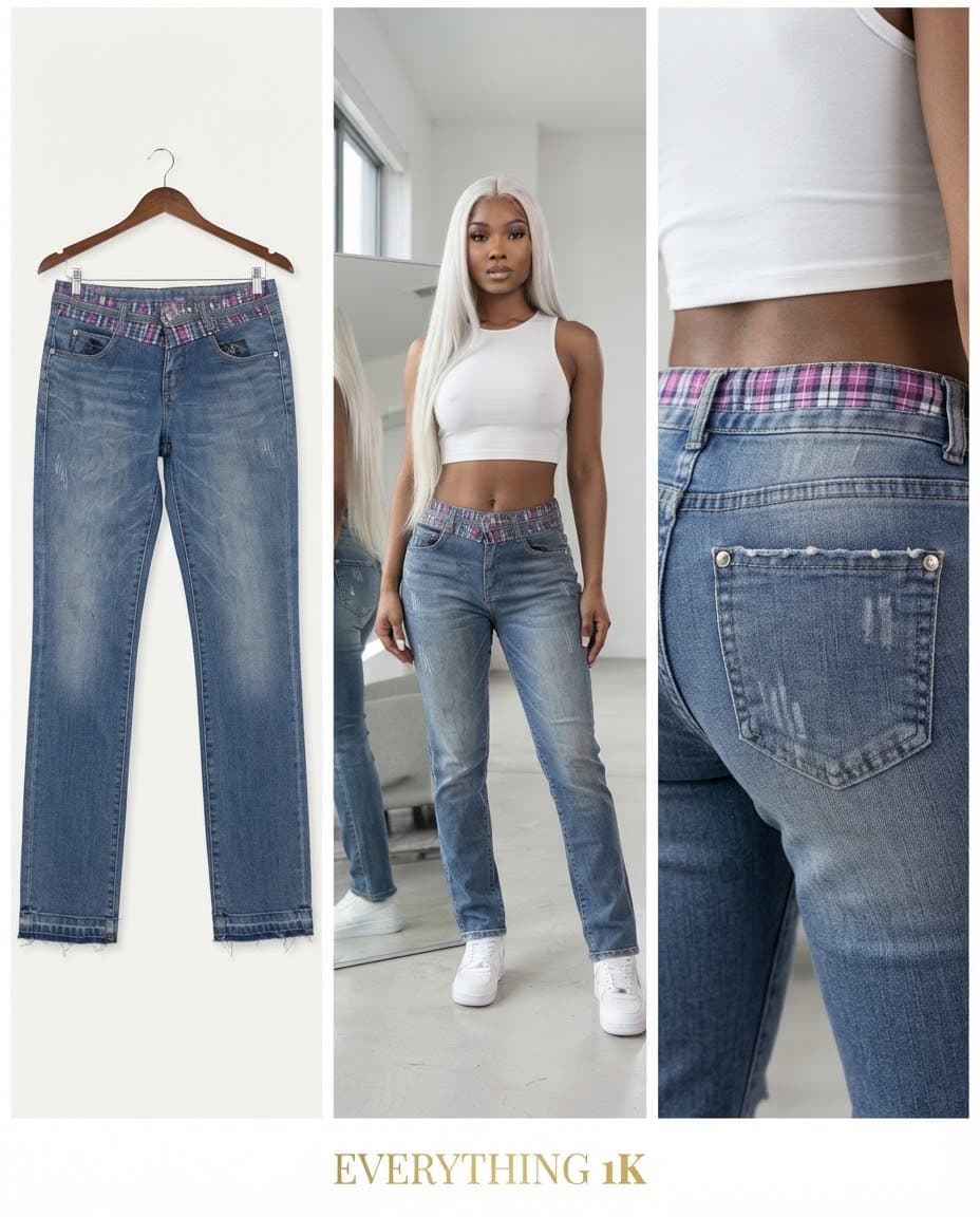 Plaid-Trim Waistband Straight-Leg Jeans 30