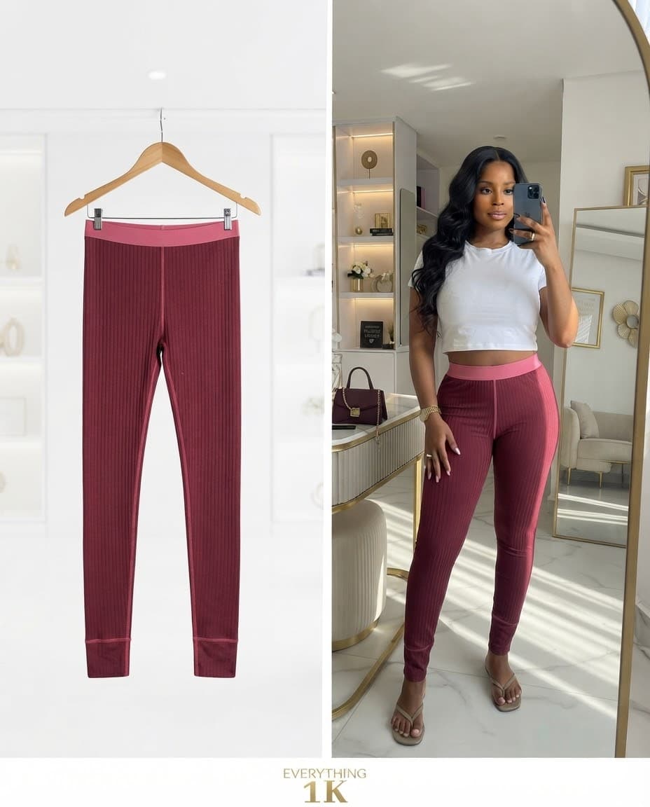 Burgundy Ribbed Leggings with Contrast Pink Waistband