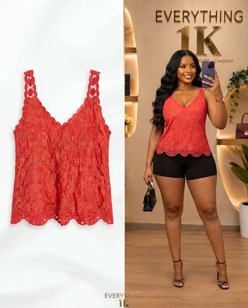 Casual Red Lace Scalloped Cami Top