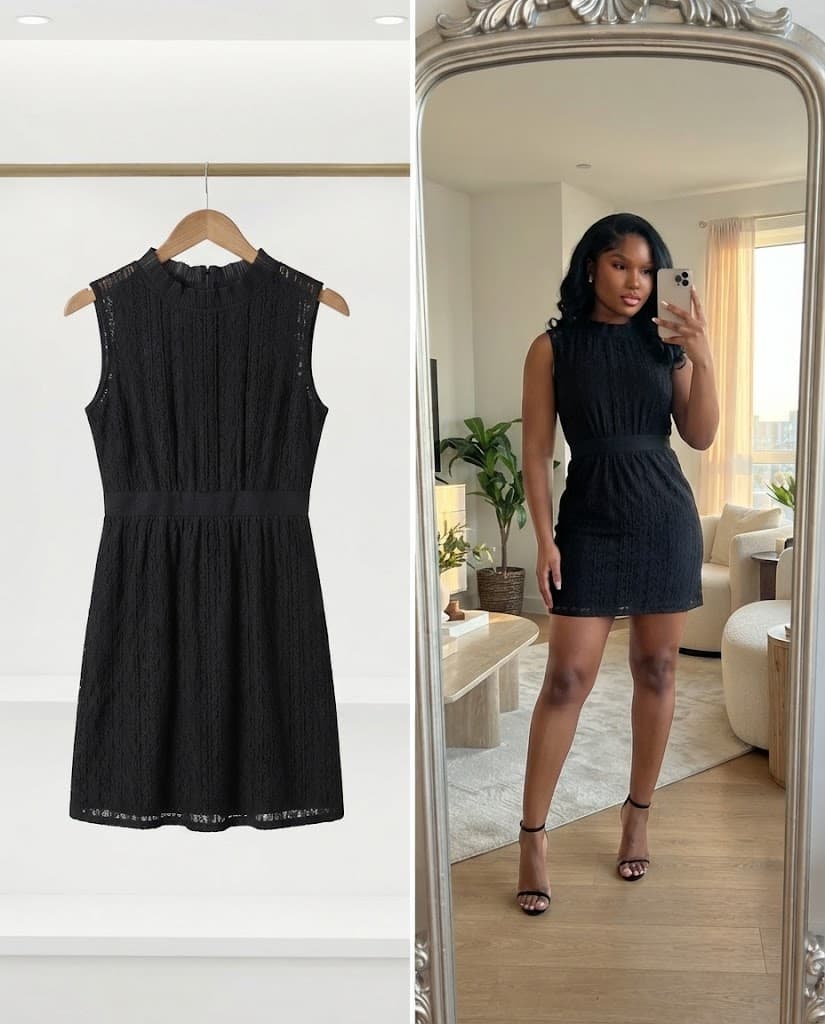Black Sleeveless Mock-Neck Lace Mini Dress