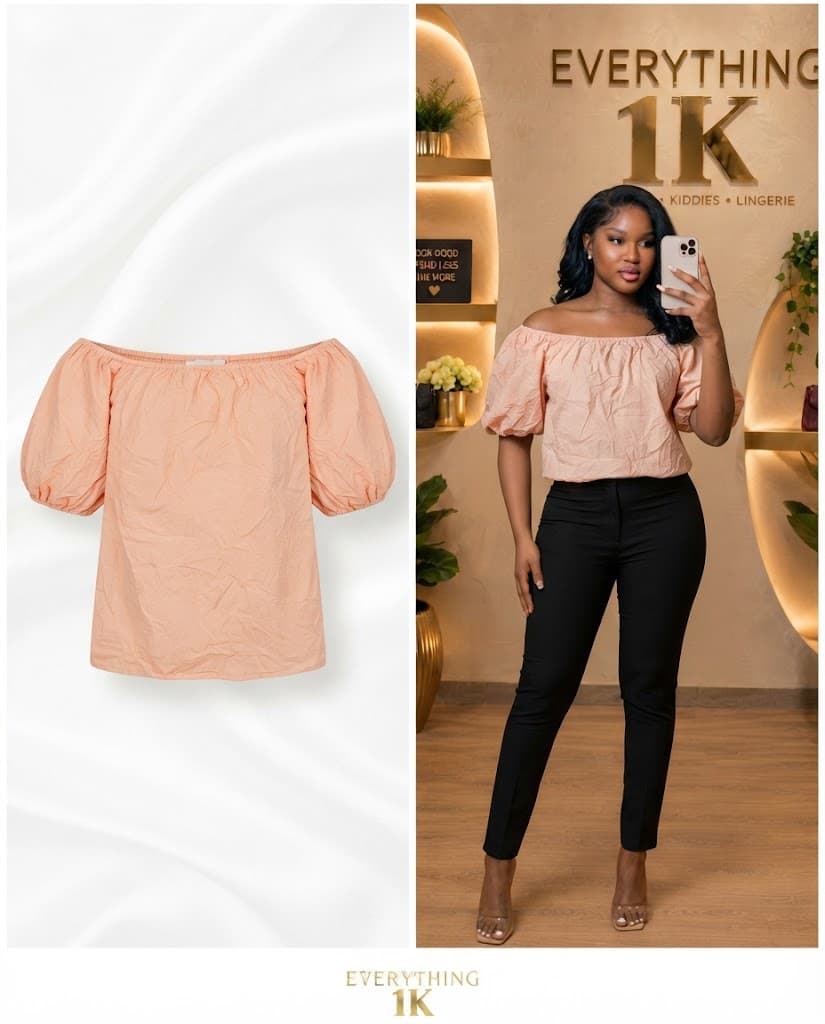 Casual Peach Off-the-Shoulder Puff-Sleeve Top