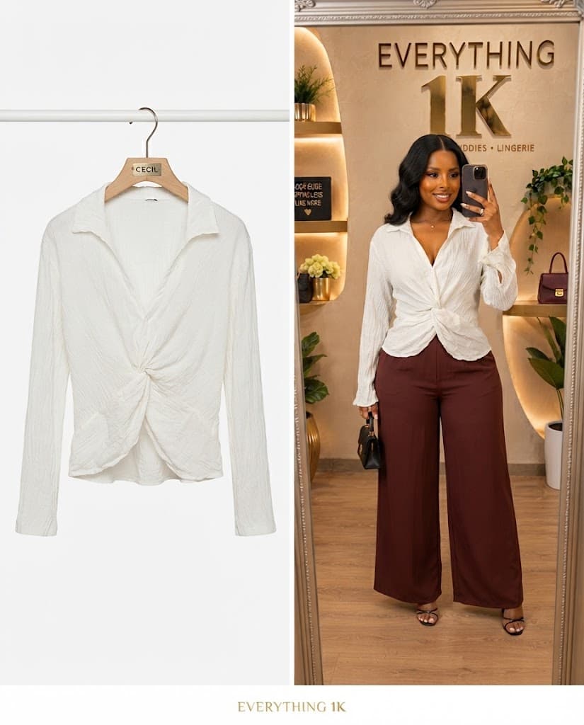 White Corporate Twist-Front Long-Sleeve Blouse
