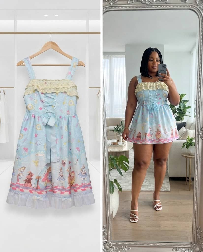 Light Blue Fairy Tale Print Ruffled Mini Dress