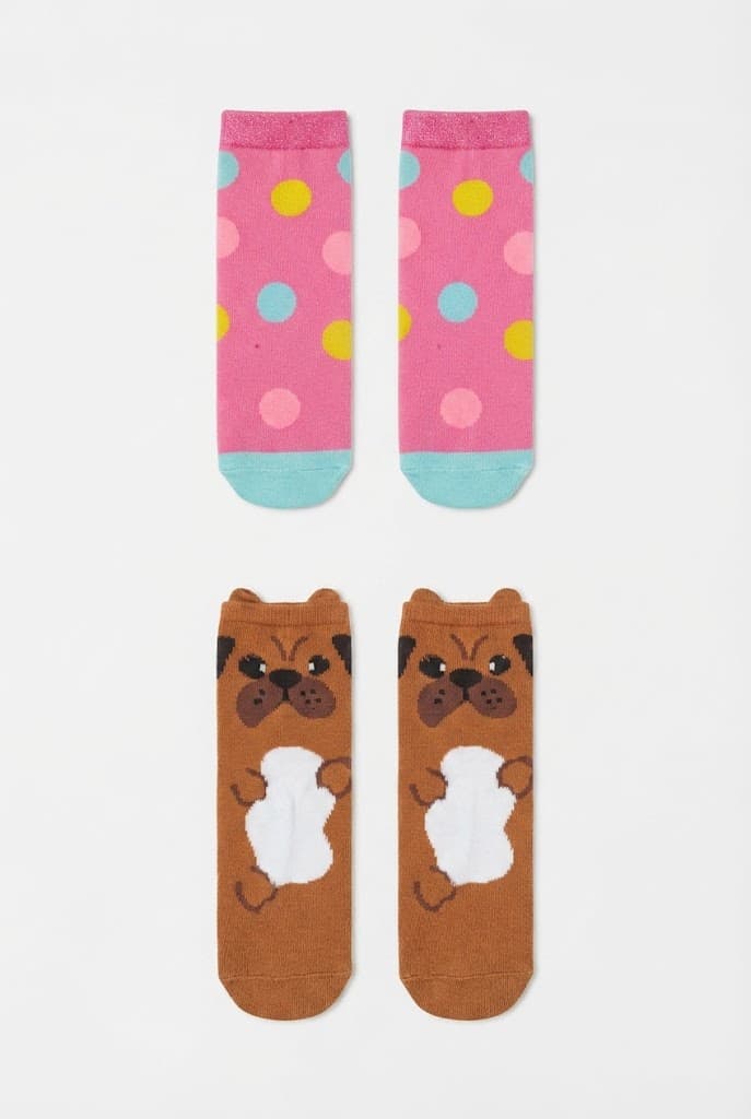 Kids Pink Polka Dot and Brown Puppy Graphic Crew Socks (2-Pack)