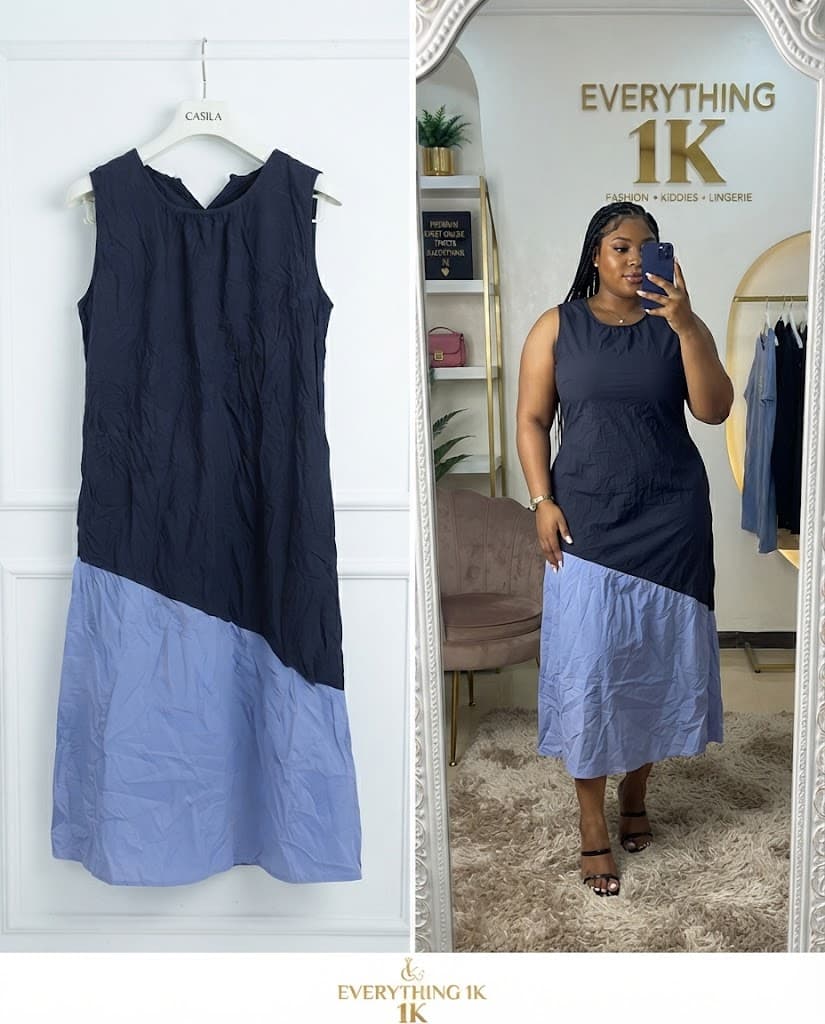 Two-Tone Navy and Light Blue Asymmetric Midi Dress