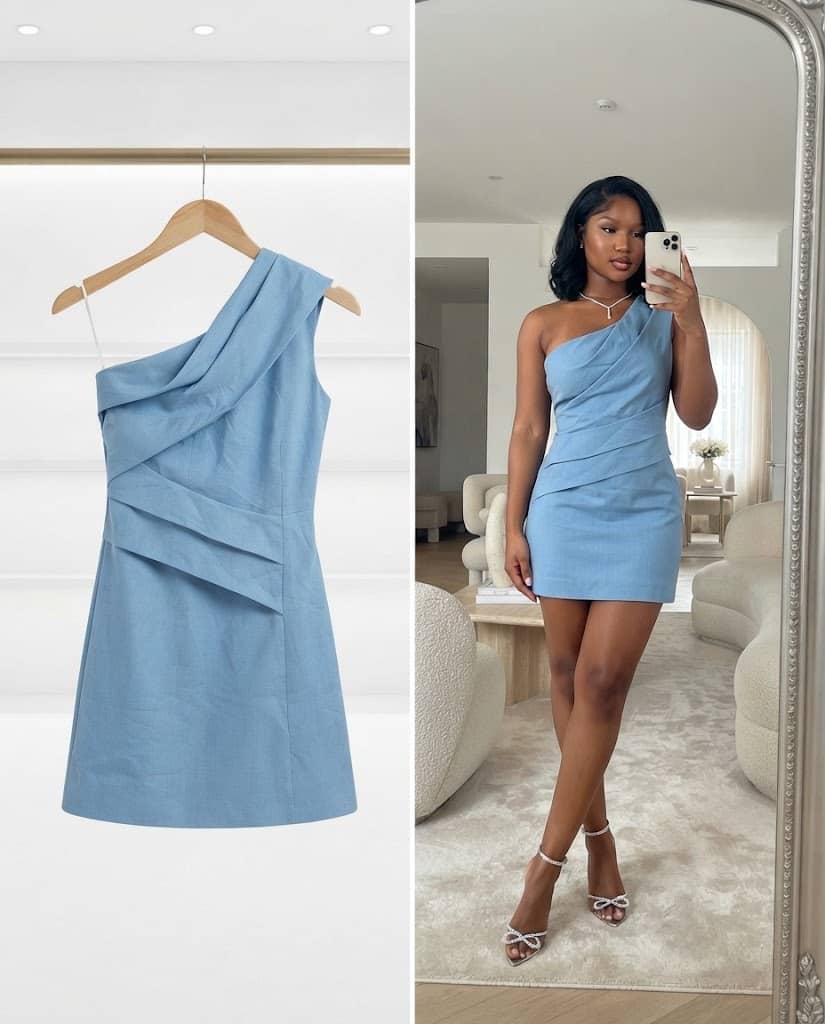 Pastel Blue One-Shoulder Draped Mini Dress