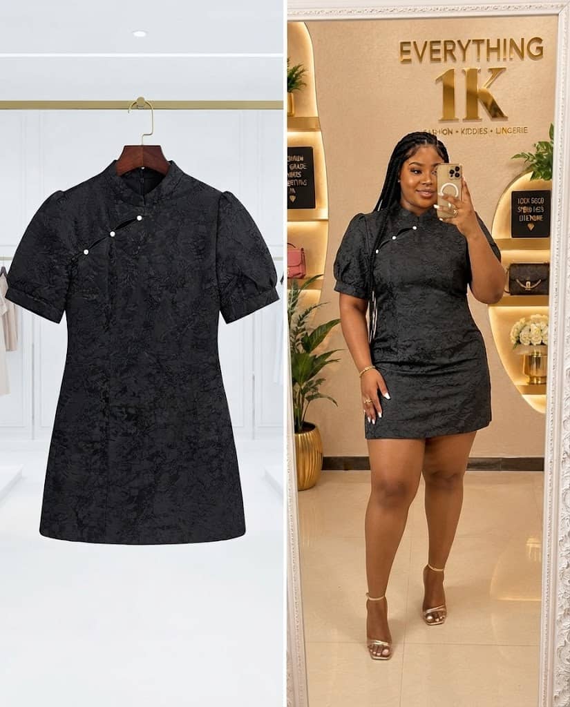 Black Jacquard Mandarin Collar Mini Dress