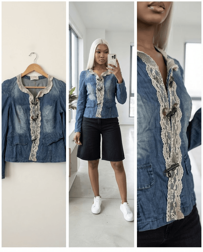 Lace-Trimmed Denim Cardigan Jacket (Regular Fit, Size Size 10/12)