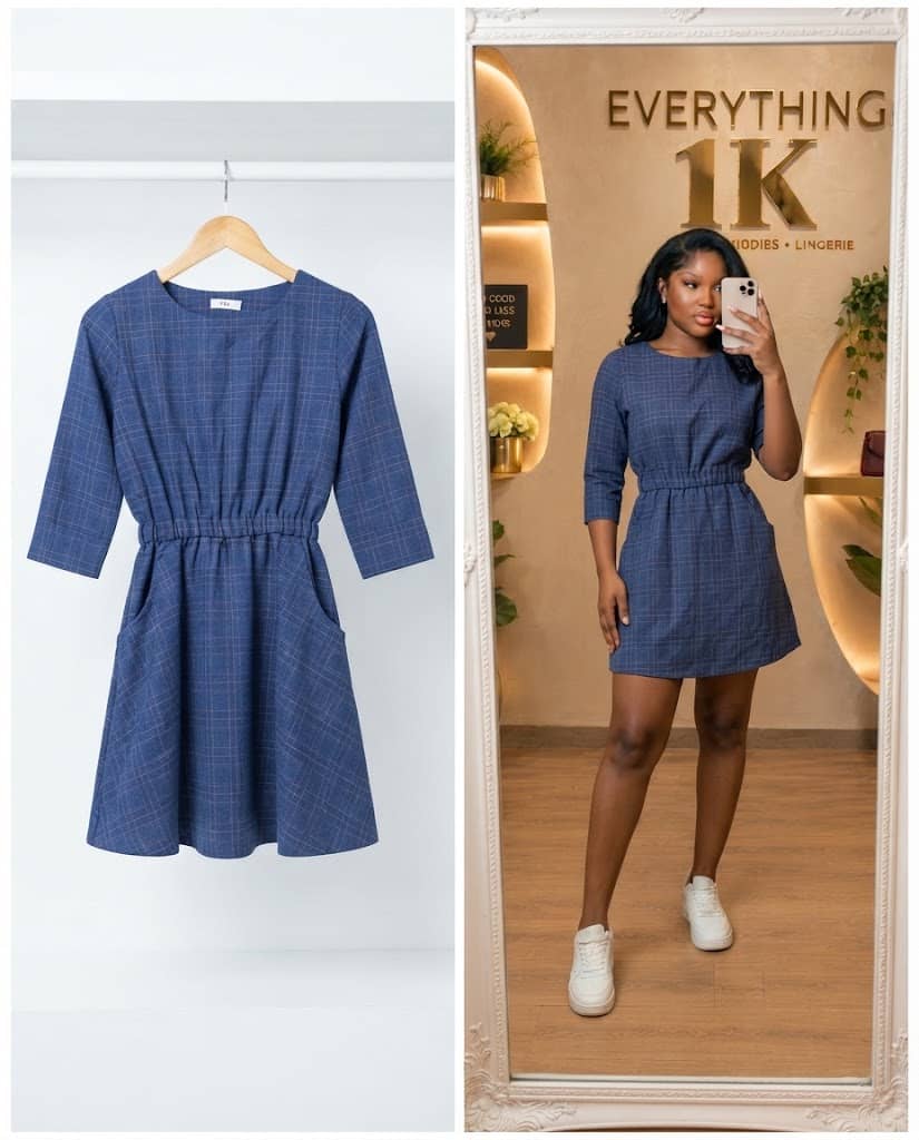 Blue Plaid Three-Quarter Sleeve Utility Dress