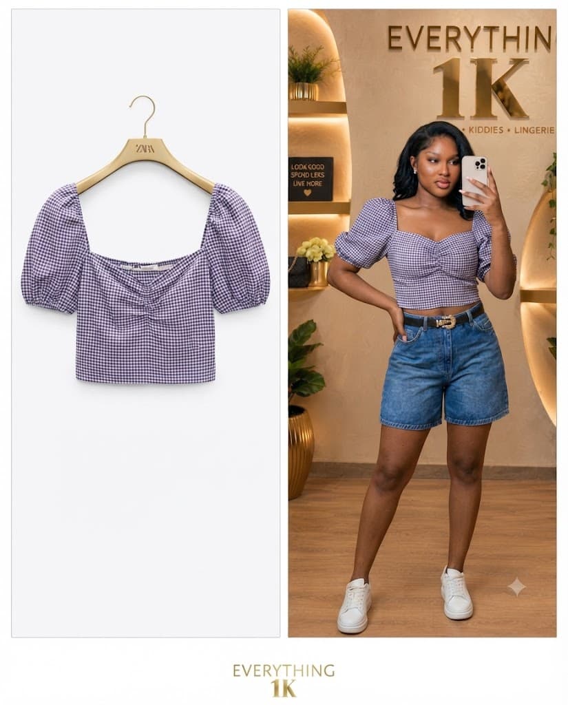 Casual Purple and White Gingham Puff-Sleeve Crop Top