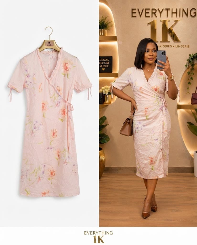 Casual Pink Floral Ruffled Wrap Midi Dress