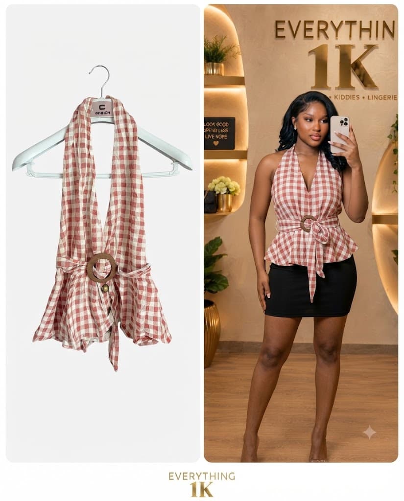 Casual Red Gingham Halter Top with Belt