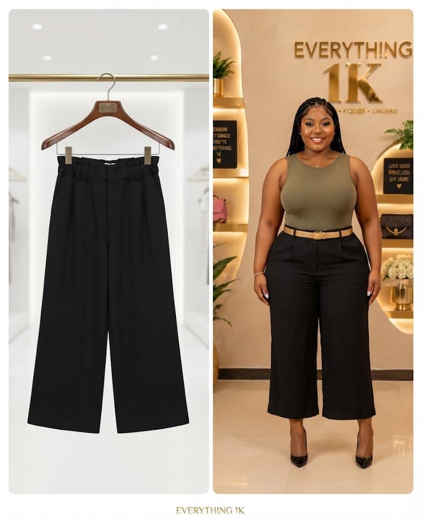 Black Elastic-Wait Cropped Wide-Leg Trousers (Regular Length, Waist 34/36)