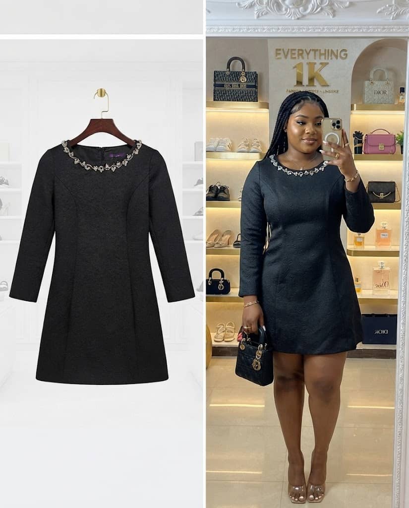 Black Textured Long-Sleeve Mini Dress with Jeweled Collar