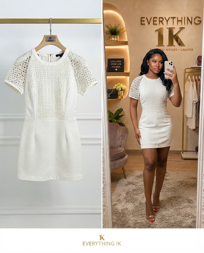 White Textured Mini Dress with Laser-Cut Lace Sleeves