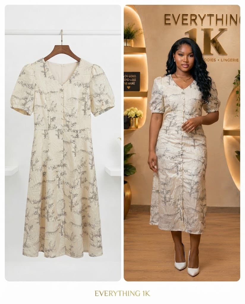 Cream & Grey Nature-Scene Button-Front Dress