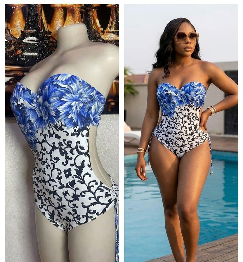 Blue Floral and Damask Print Cutout One-Piece Swimsuit
