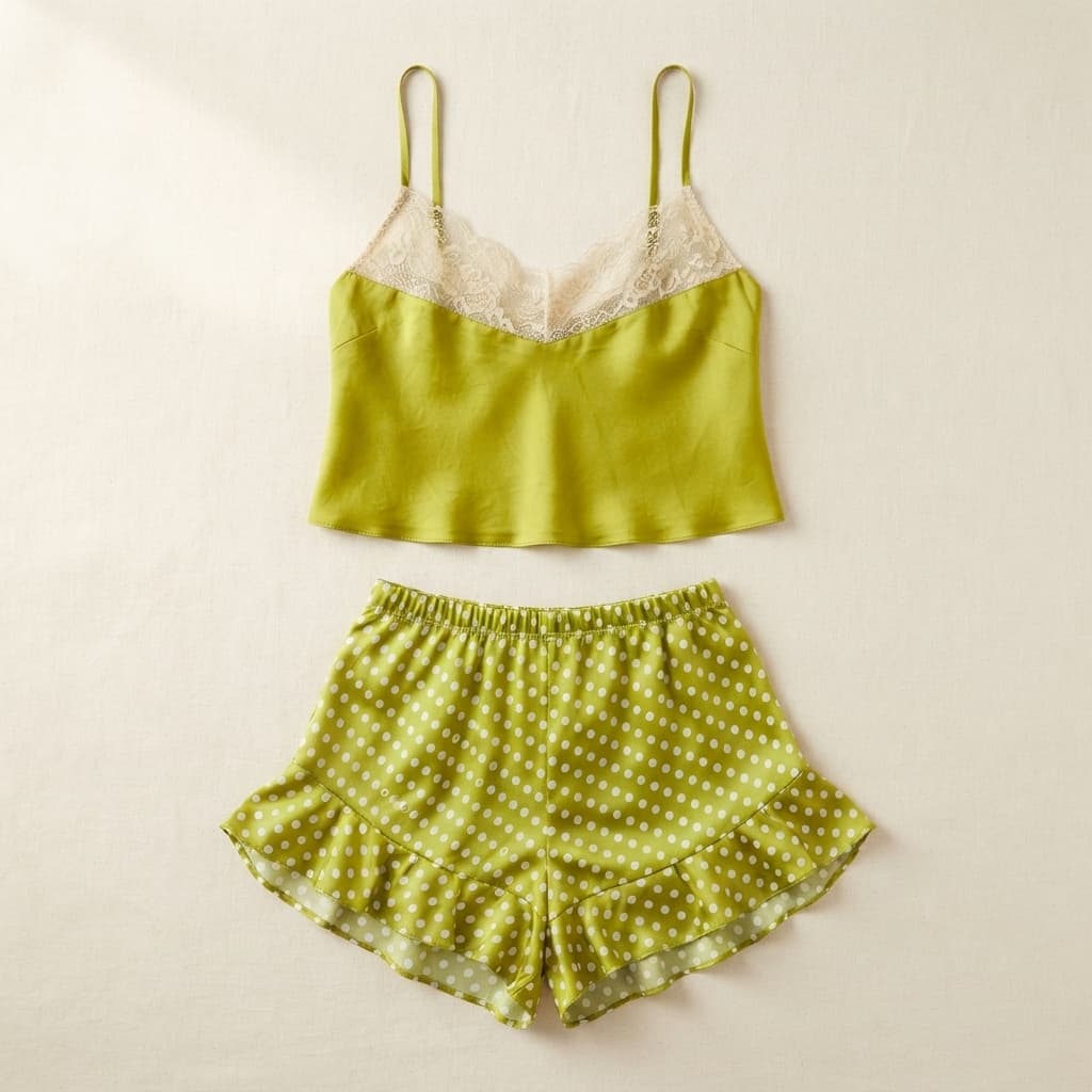 Lime Green Lace-Trim Cami & Polka Dot Ruffle Shorts Set