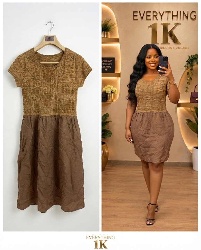 Two-Tone Knit Bodice Brown Midi Dress