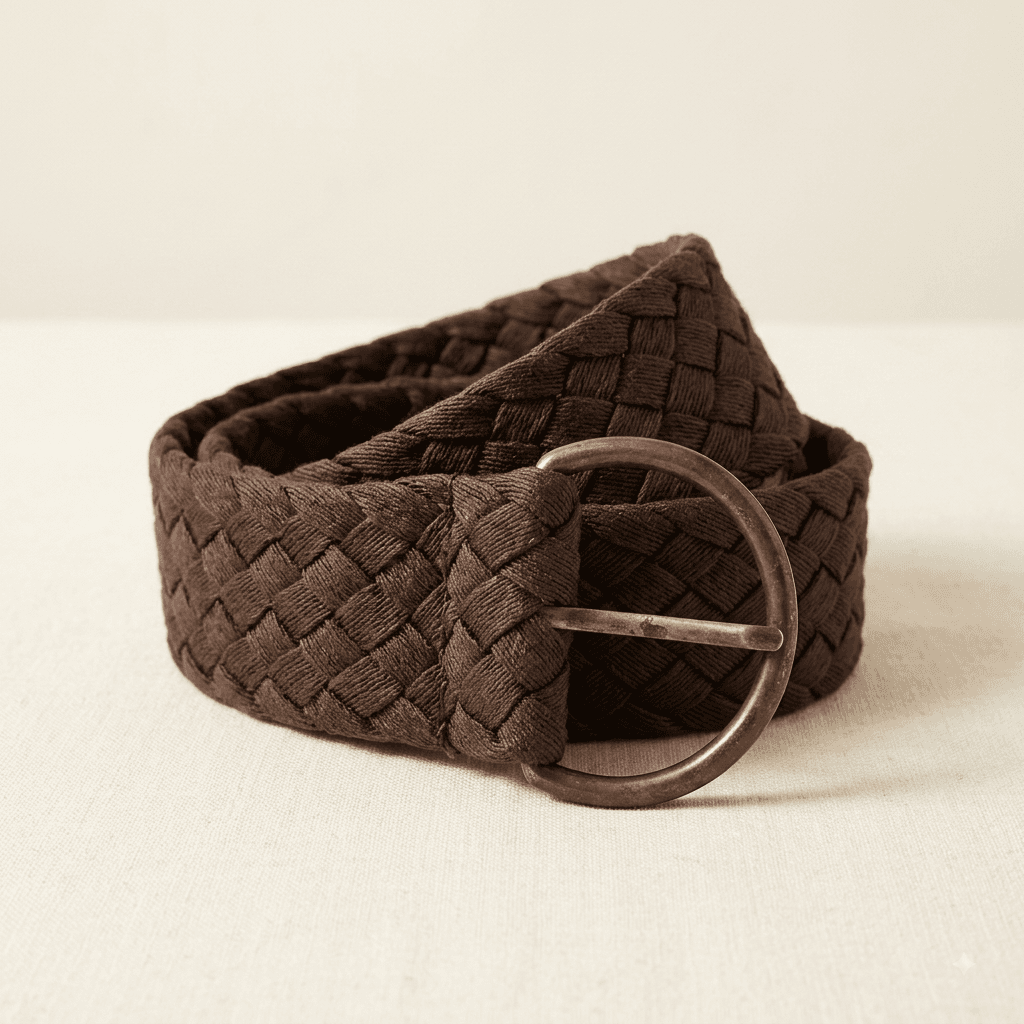 Vintage Braided Textile Belt with Aged Brass-Toned Buckle