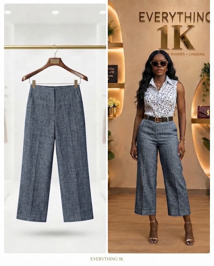Textured Blue-Grey Melange Cropped Wide-Leg Trousers (Regular Length, Waist 30/32