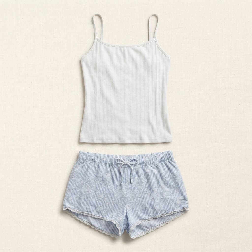 White classic Ribbed Cami & Blue Floral Stripe Short Pajama Set