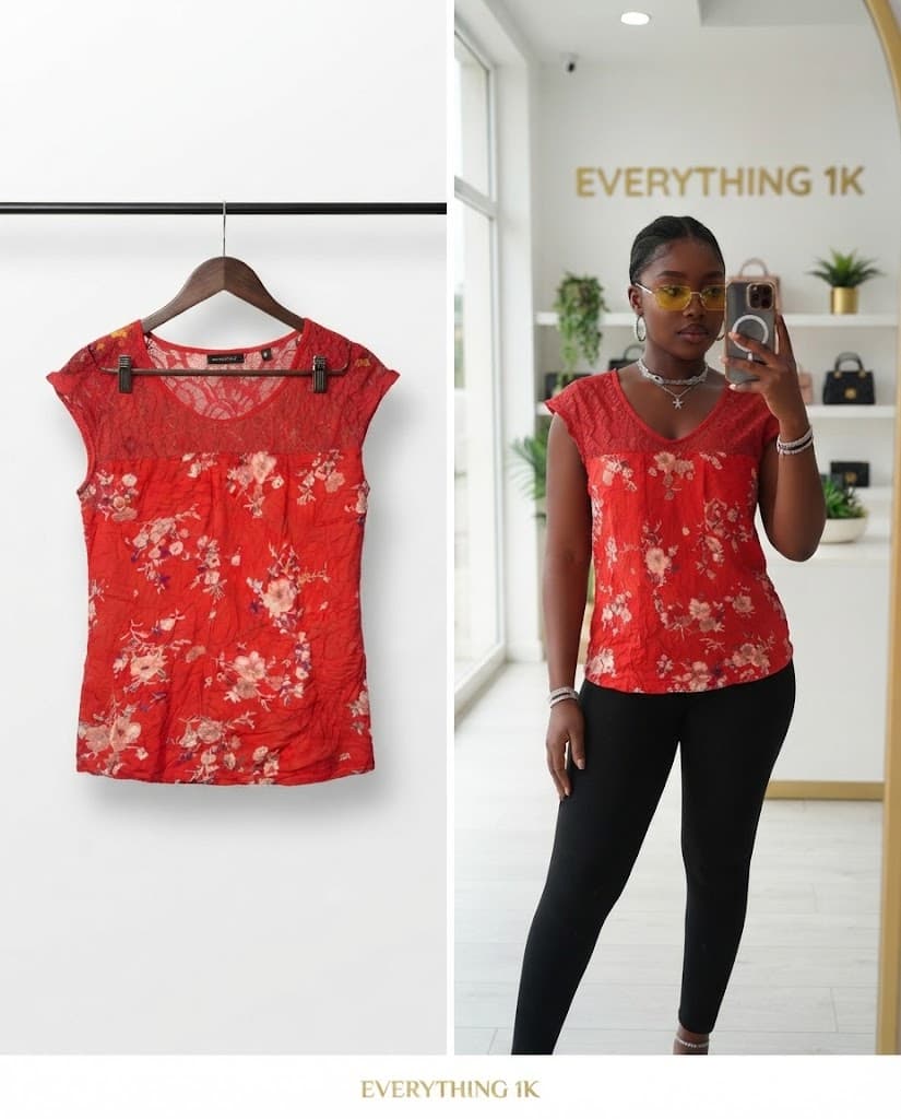 Red Floral Lace-Trimmed Top